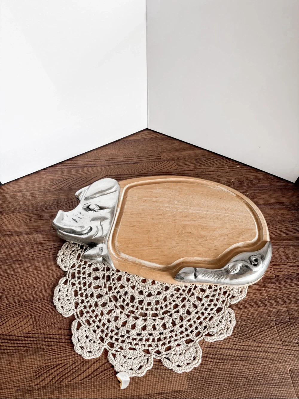 Vintage Silver and Natural Wood Pig-Shaped Serving Tray